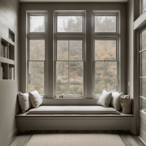 "An inviting reading nook by the window in the pool house library, offering a tranquil spot for reading amidst natural light and soothing surroundings."