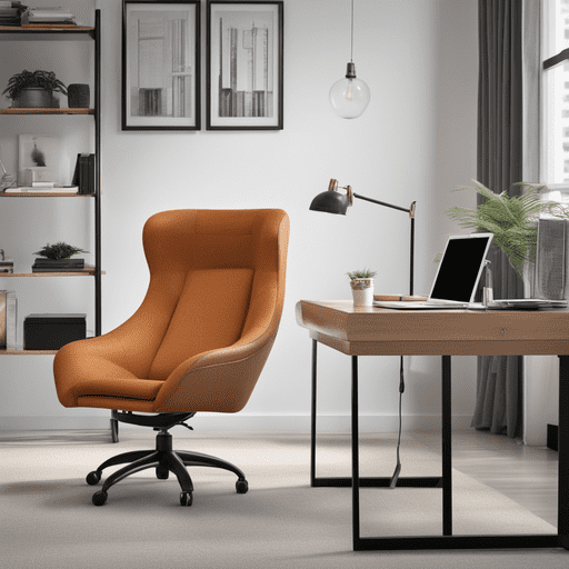 "Image of a well-designed pool house office featuring a comfortable chair, surrounded by serene surroundings and natural light."