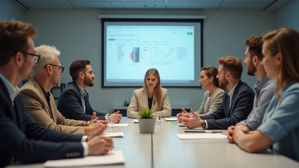 Eye-level view of a diverse group of employees engaged in a brainstorming session
