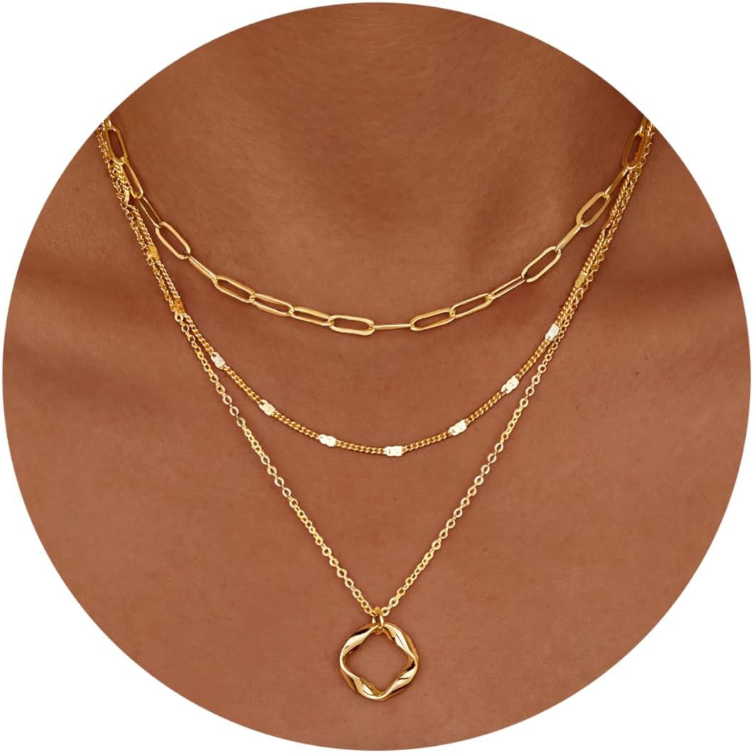 Layered 14K Gold Plated Necklaces for Women Stackable Silver Plated Circle Paper