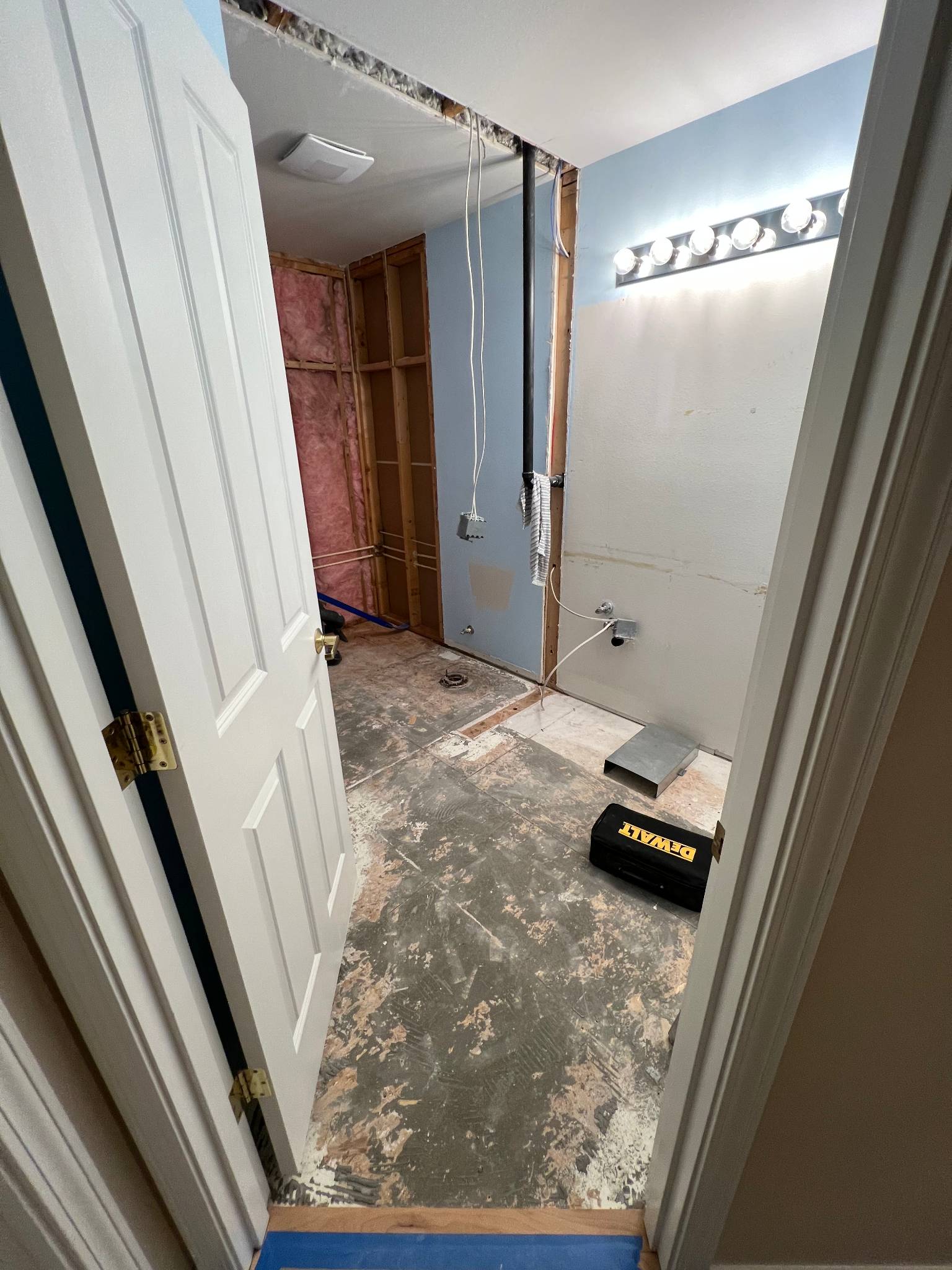 Before — fully gutted bathroom showing exposed framing and subfloor