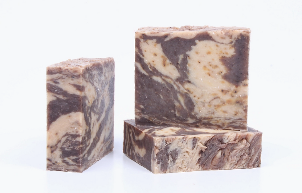 Image of chocolate brown and white swirled bars of soap scented in a chocolate & coffee latte fragrance. The soap looks amazing!