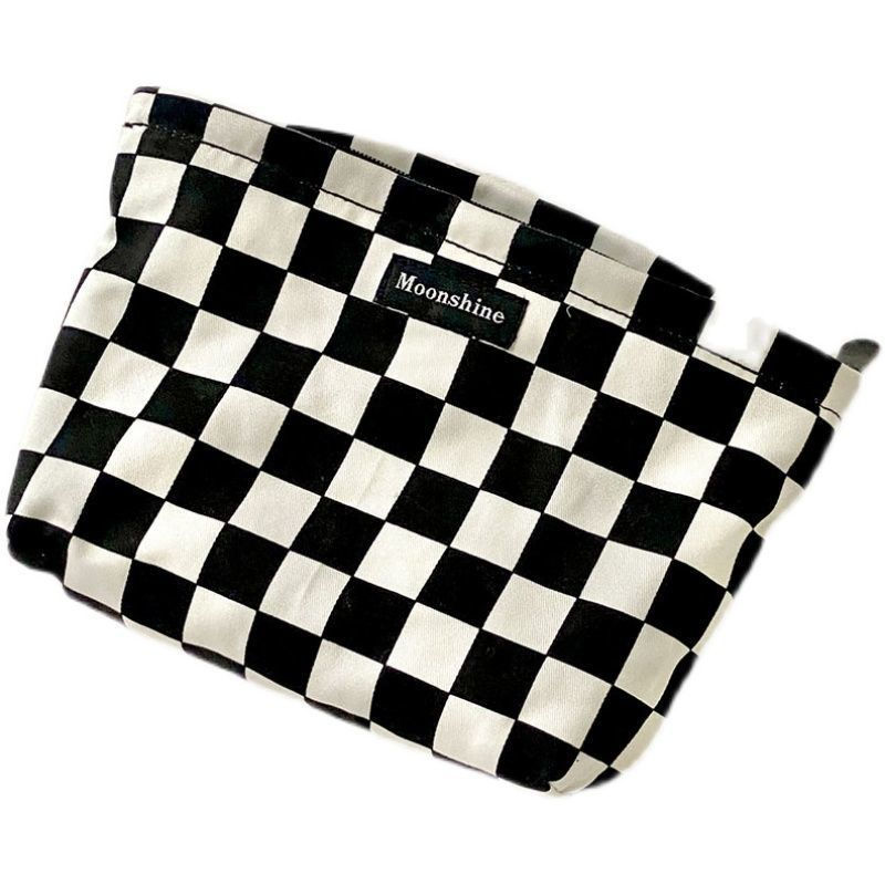 Black And White Plaid Cosmetic Bag Large Capacity Cosmetic Storage Bag Portable