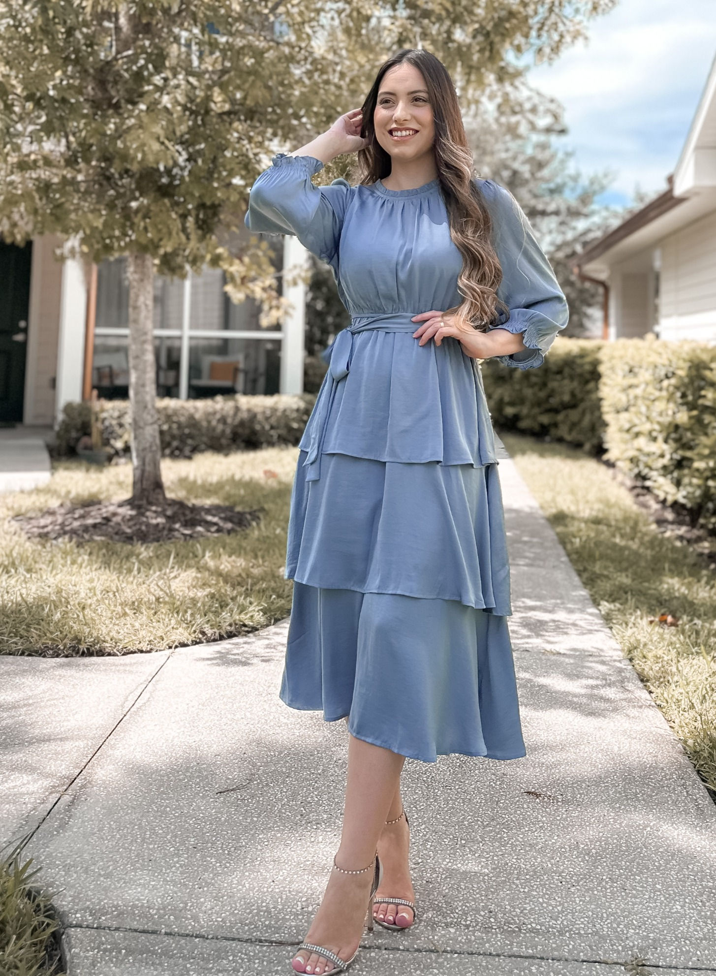 TIERED SATIN DRESS IN BLUE GREY