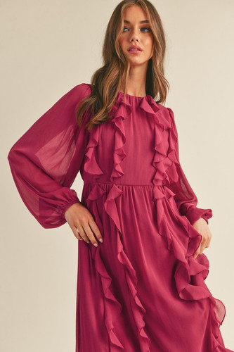 knee length dresses for ladies Magenta Ruffle V-Neck Sleeveless Midi Dress – PinkBlush