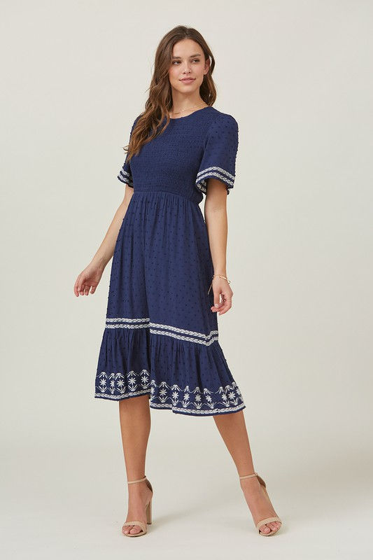 Thumbnail: NAVY FLUTTER SLEEVE SMOCKED EMBROIDERED DRESS