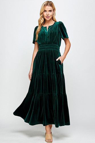 knee length dresses for ladies Forest Green Velvet Floral Button Down Maternity Maxi Dress