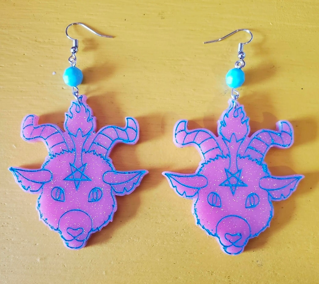 Glittery Baphomet earrings (pink & blue)