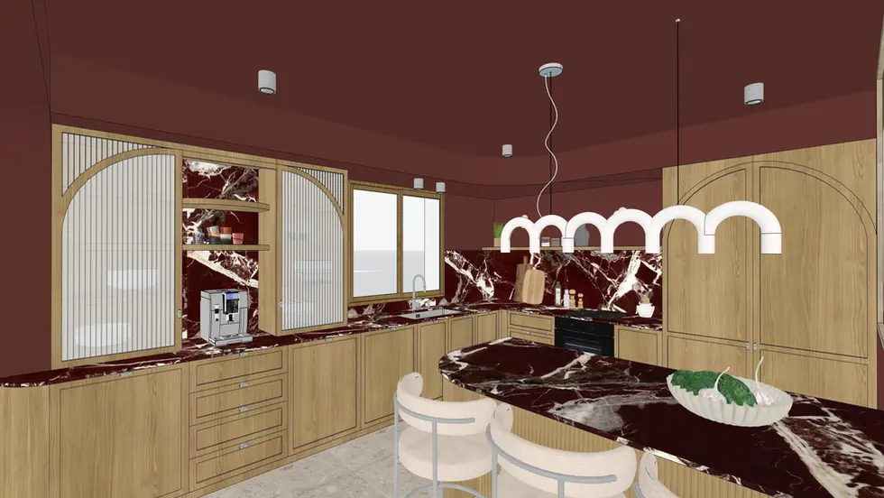 Cuisine classique chic avec ilot central en marbre et bois clair