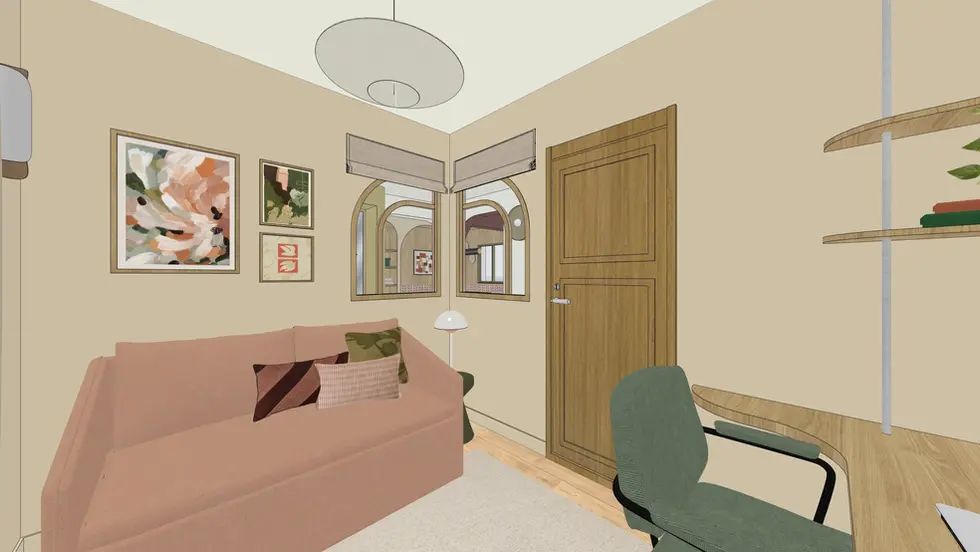 Chambre d’amis avec canapé convertible et décoration florale