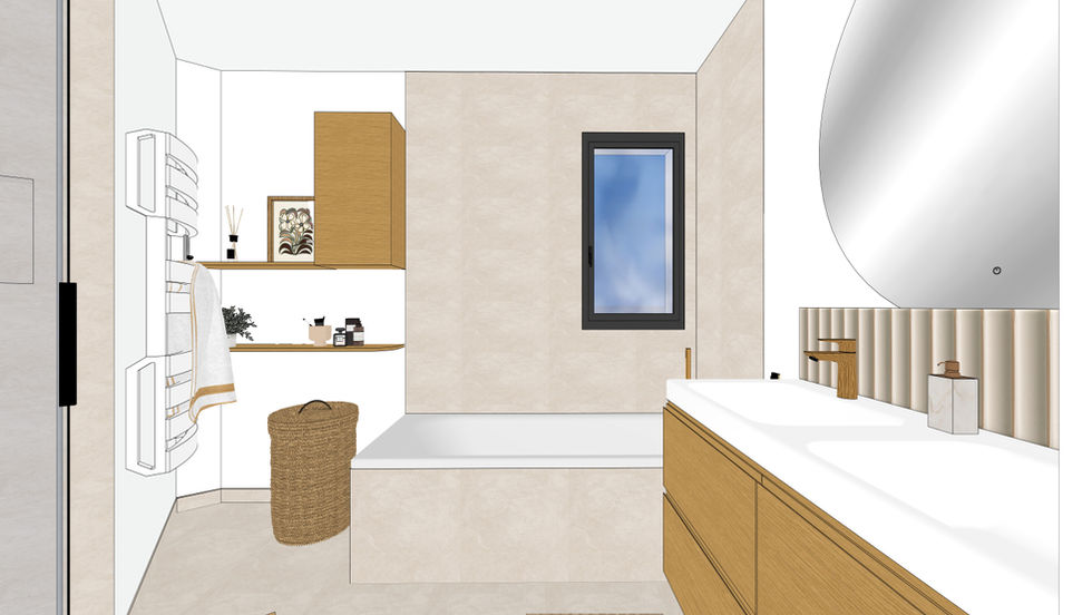 Salle de bain avec meuble bois, baignoire encastrée et vasque double