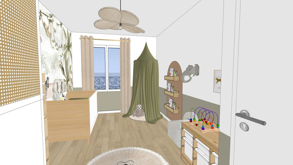 Chambre d’enfant avec rideaux verts, meubles bois et ambiance naturelle