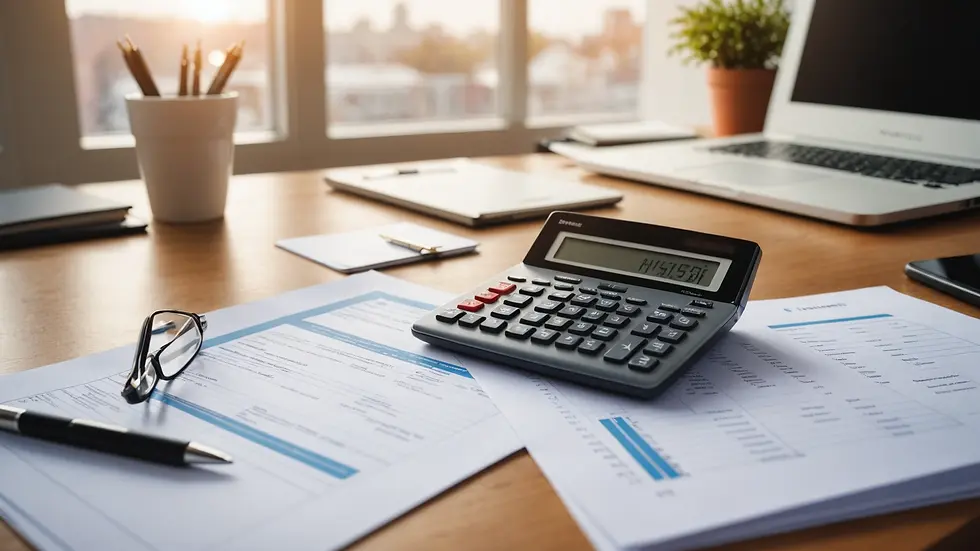 Eye-level view of a tidy home office desk with a calculator and financial documents