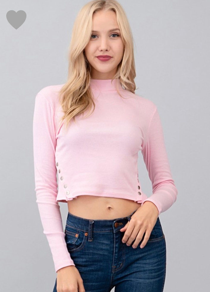 Pink mock turtleneck long sleeve with side snaps