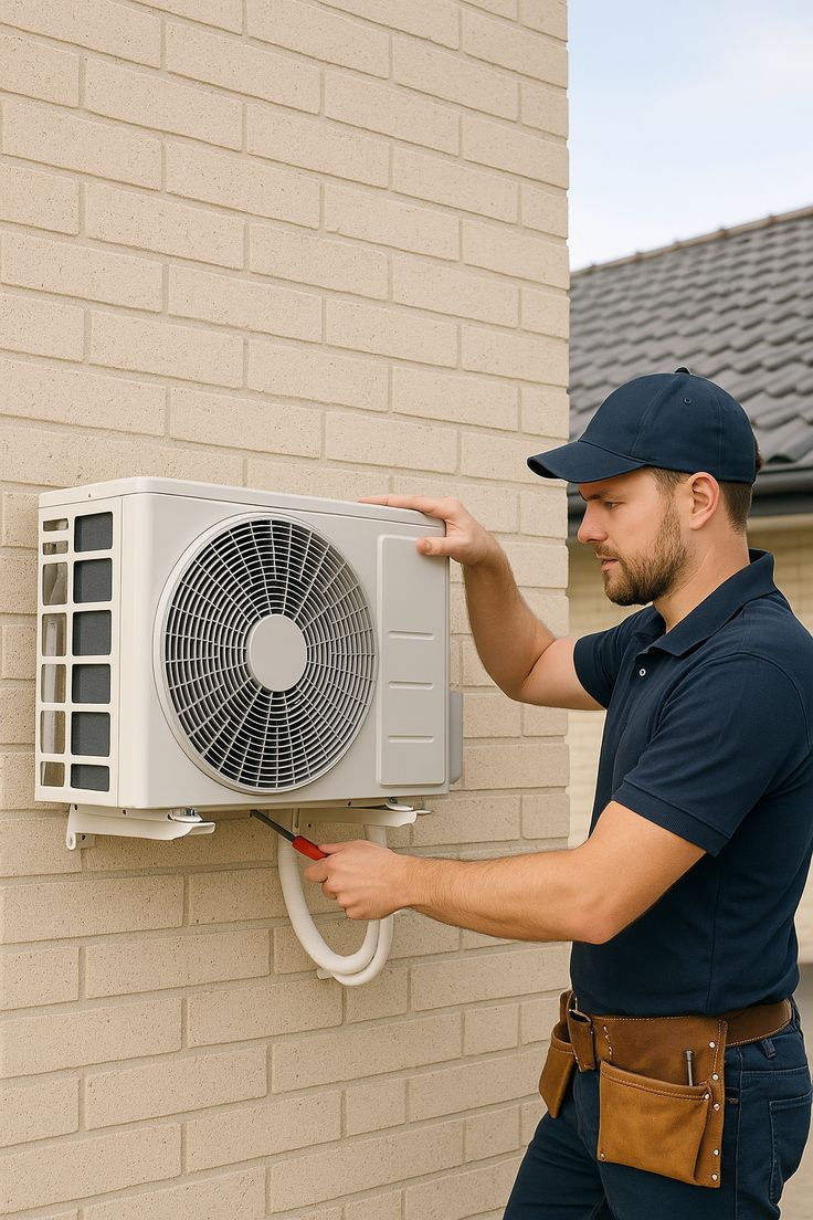 an engineer checking an outdoor unit for air conditioning maintenance London