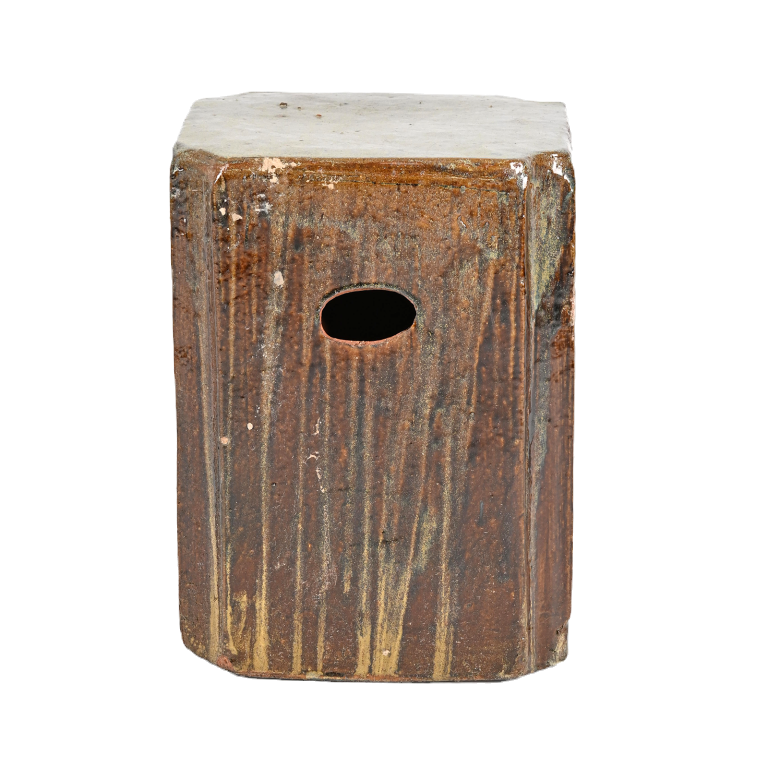 Square ceramic footstool with natural finish and glazed edges