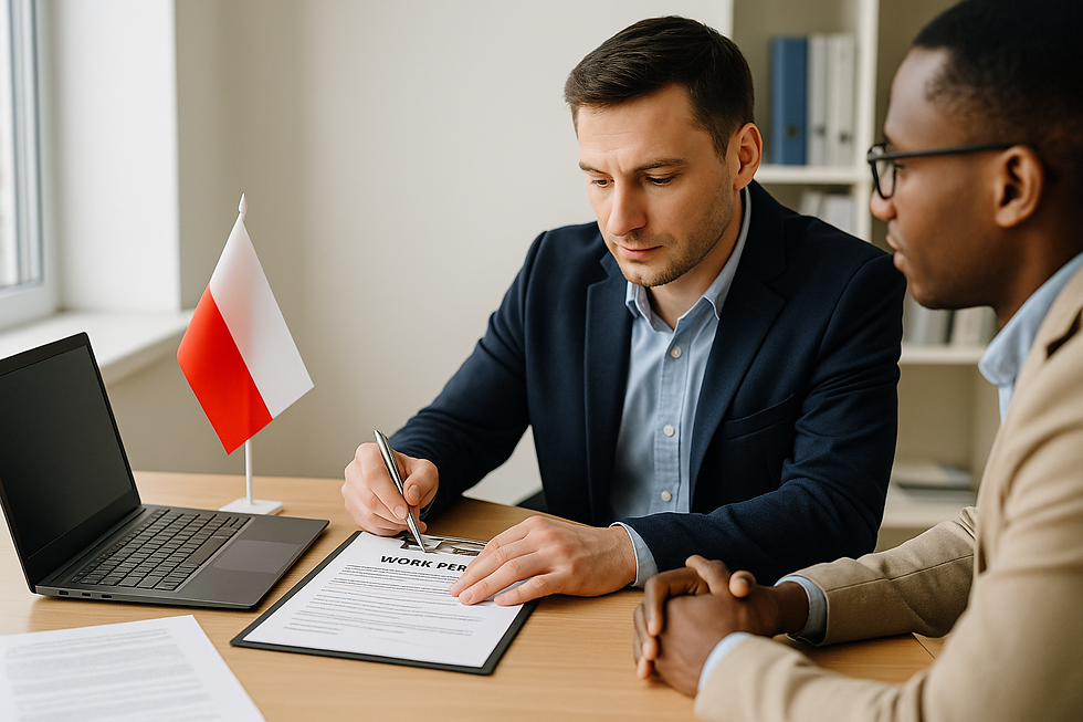 Employer and foreign worker reviewing work permit documents in a Polish office.