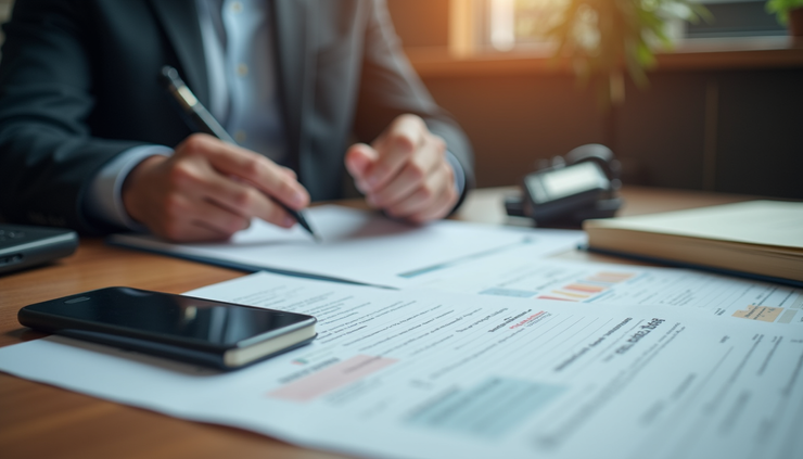 Eye-level view of a lawyer’s desk with legal documents and a phone