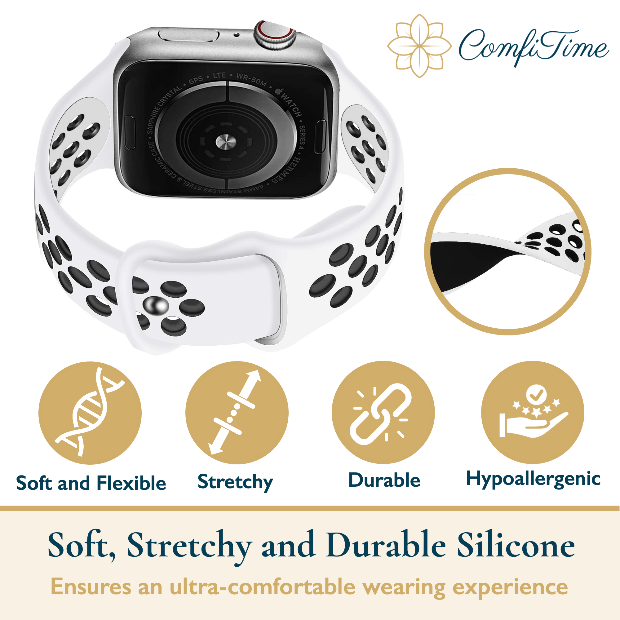 thumbnail image 4 of ComfiTime Correa Elástica para iWatch 38/40/41/42/44/45/49 mm, Silicona Transpirable para Apple Watch Serie SE 9 8 7 6 5 4 3 2 1, 4 of 12