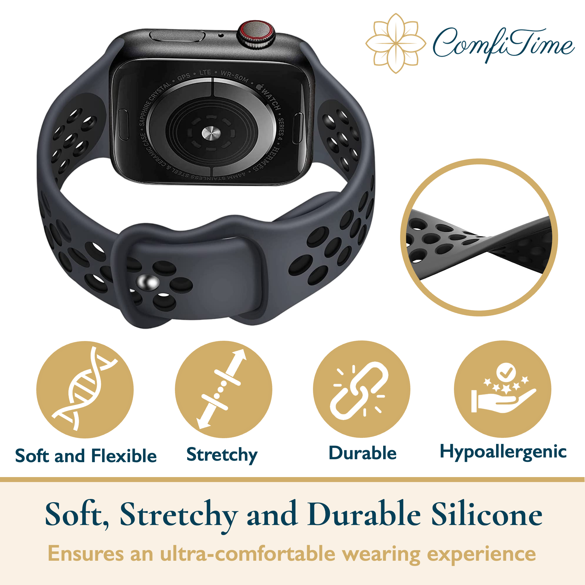 thumbnail image 4 of ComfiTime Correa Elástica para iWatch 38/40/41/42/44/45/49 mm, Silicona Transpirable para Apple Watch Serie SE 9 8 7 6 5 4 3 2 1, 4 of 12