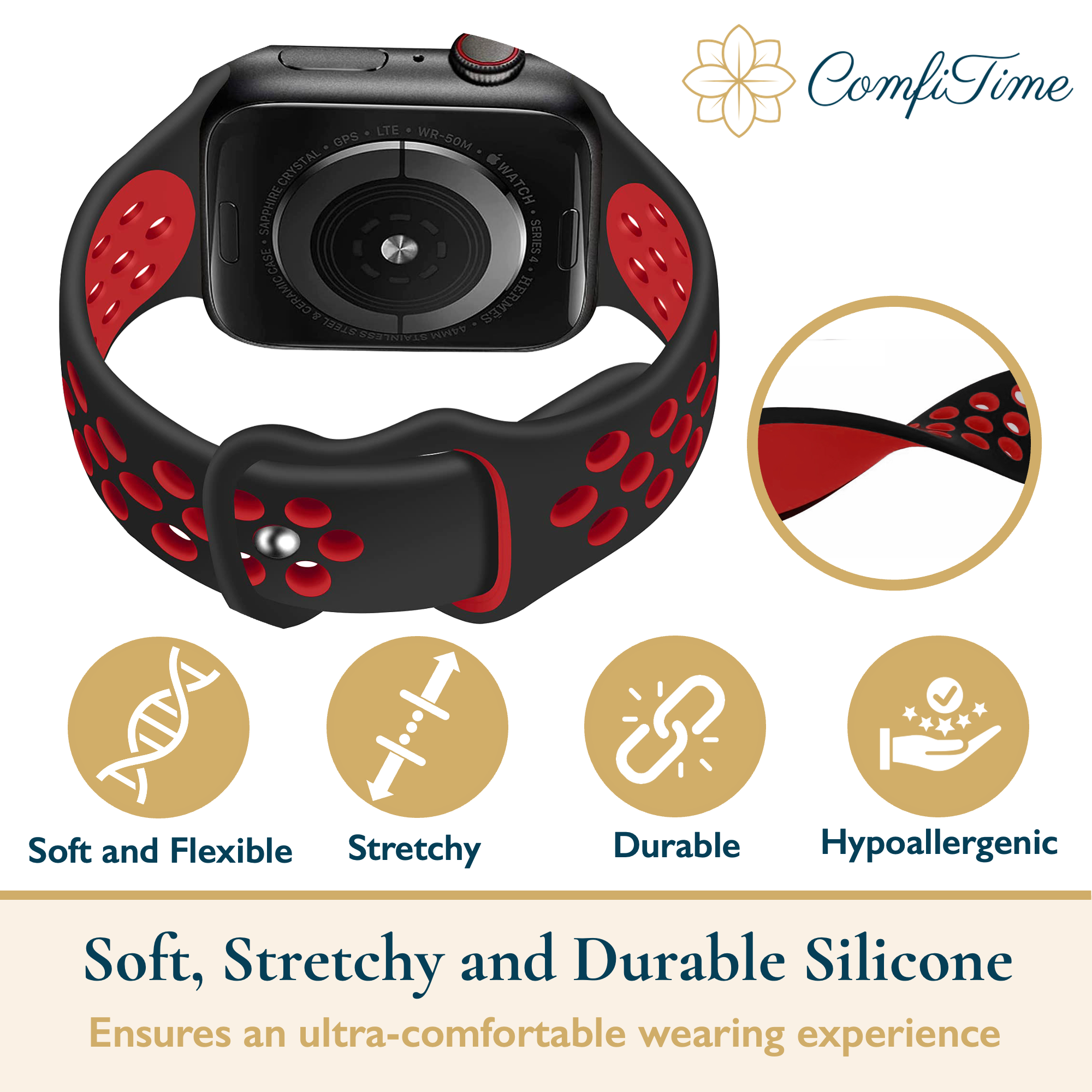 thumbnail image 4 of ComfiTime Correa Elástica para iWatch 38/40/41/42/44/45/49 mm, Silicona Transpirable para Apple Watch Serie SE 9 8 7 6 5 4 3 2 1, 4 of 12