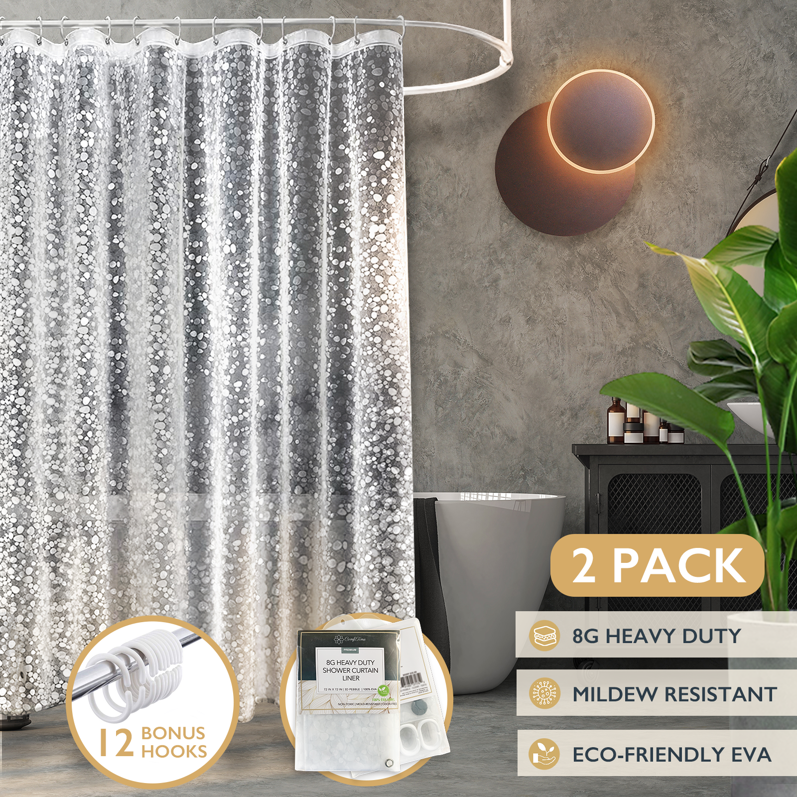 2 Pack ComfiTime Shower Curtain Liner | 8G Heavy-Duty Shower Curtain Liner