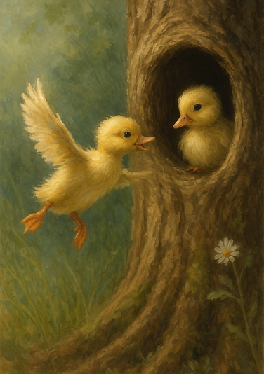 Soul's courage - One duckling takes flight as the other watches from a tree hollow