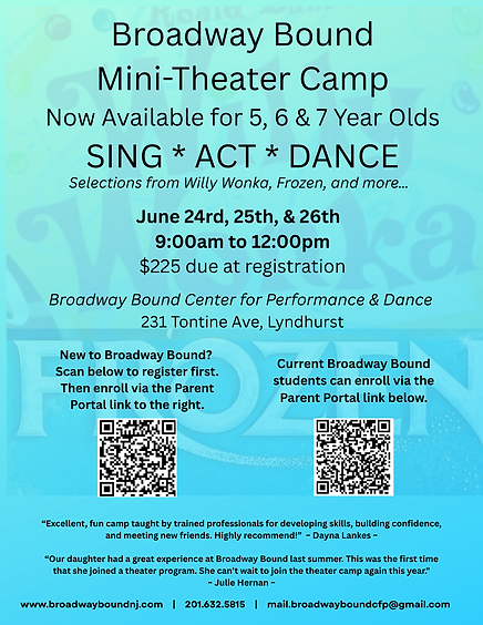 Broadway Bound Mini-Theater Camp  Now Available for 5, 6 & 7 Year Olds SING  ACT  DANCE Se
