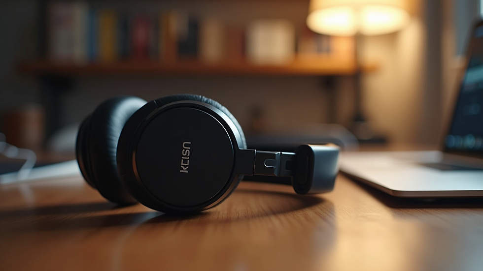 Close-up view of headphones on a wooden table