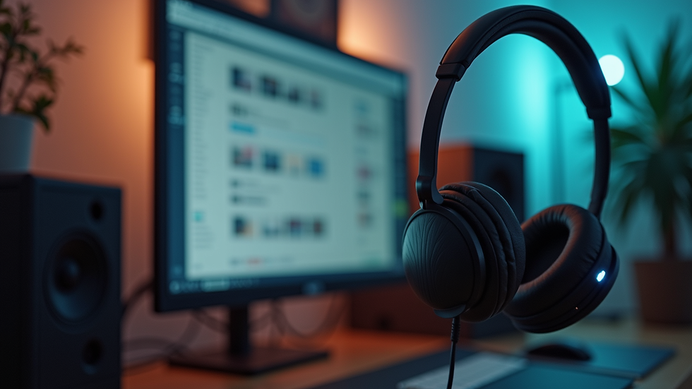 Eye-level view of a quiet room with a computer and headphones