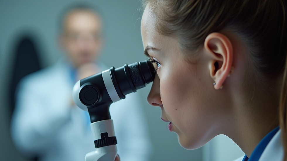 Eye-level view of a hearing specialist examining an ear with an otoscope