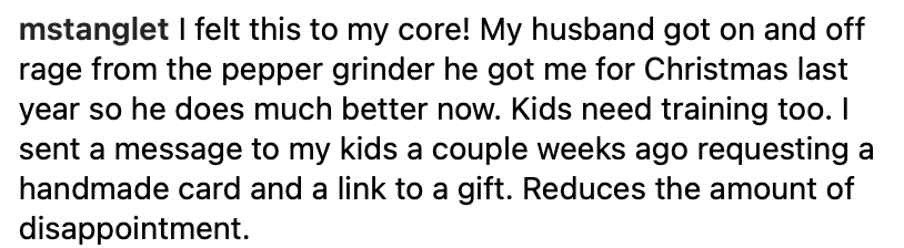 A text post from user "mstanglet" humorously discusses their husband's improvement in gift-giving and kids needing guidance.