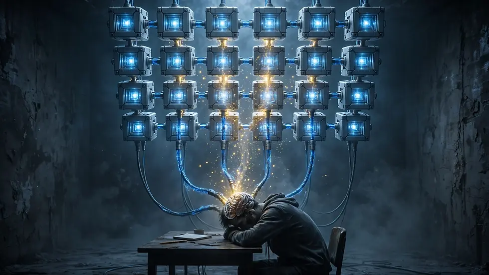 Ilustração conceitual em 3D de um cérebro humano amigável e focado, levantando um halter de musculação pesado. O elemento visual simboliza o esforço cognitivo necessário para evitar a dependência de inteligência artificial e manter a mente ativa.