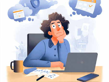 Ilustração de pessoa pensativa em frente ao laptop com balões de pensamento mostrando conceitos de segurança digital: escudo de proteção, checklist de tarefas e calendário representando hábitos contínuos