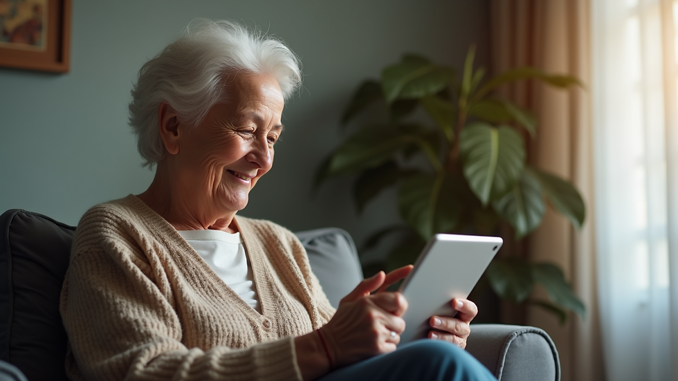 Vista lateral de uma pessoa idosa sorrindo enquanto usa um tablet em casa