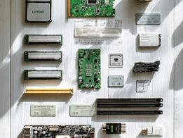 Componentes de computador organizados para reaproveitamento: HD, SSD, memória RAM e cabos separados conscientemente.