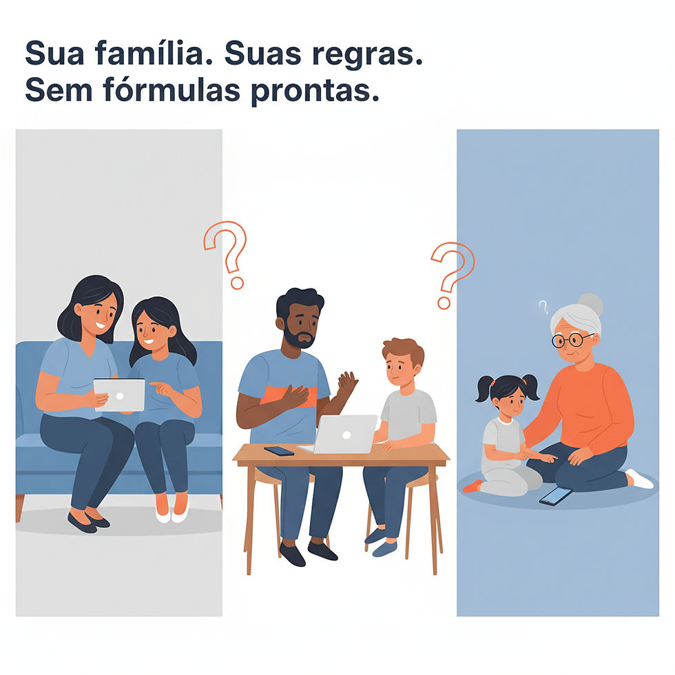 Uma ilustração em estilo infográfico moderno e clean. A imagem é dividida ao meio. De um lado, um parque infantil seguro, com balanços e crianças brincando (representando o lado bom da internet: conexão, aprendizado, lazer). Do outro lado, uma rua movimentada com sinais de alerta, faixas de pedestre e alguns becos escuros (representando os riscos: contato com estranhos, conteúdos inadequados). No centro, um jovem está parado, olhando para os dois lados, simbolizando a necessidade de navegar com cuidado. Um adulto está ao seu lado, apontando para o caminho seguro, representando a orientação parental.