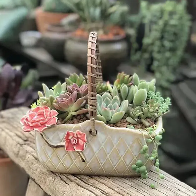 Rattan Hand Flower Basket Vase Succulent Plant Pots Flowerpot Stoneware Basket