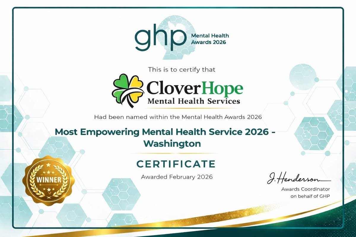 GHP Mental Health Awards 2026 certificate naming CloverHope Mental Health Services Most Empowering Mental Health Service 2026, Washington, awarded February 2026