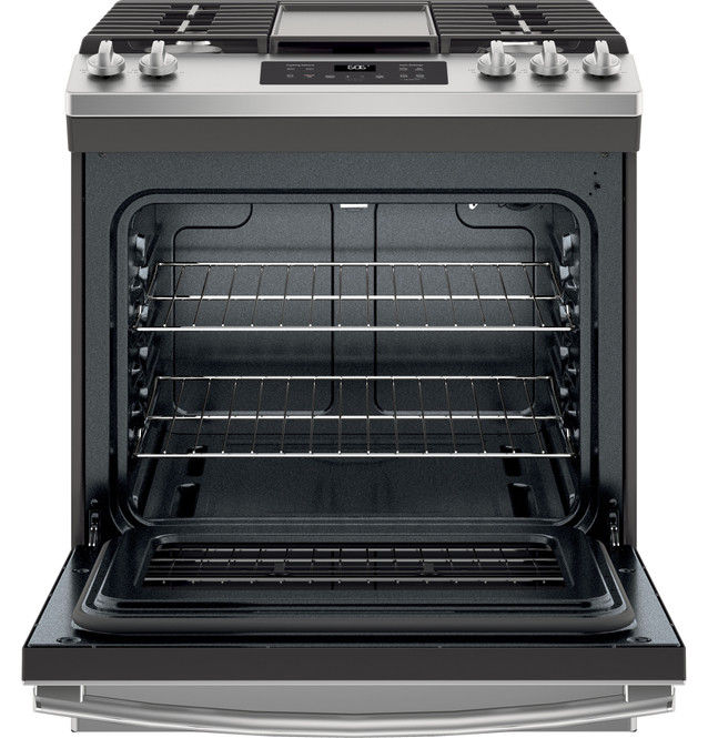 GE® 30" Slide-In Front Control Gas Range Model #JGSS66SELSS interior of oven