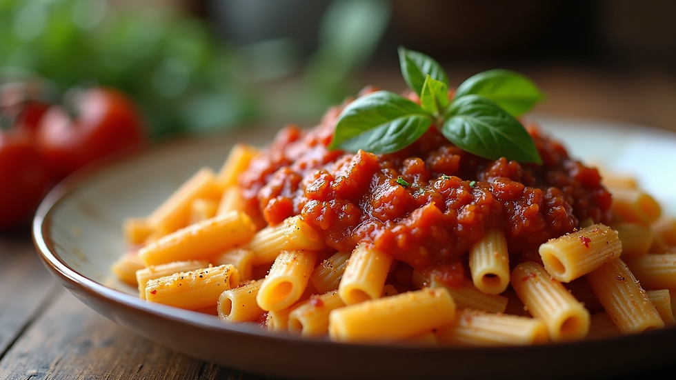 Close-up view of a traditional Tuscan dish featuring pici pasta and a rich tomato sauce