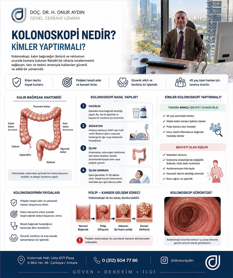 Kolonoskopi nedir, nasıl yapılır ve kimler yaptırmalı? Kolon kanserinden korunmada hayati rol oynayan kolonoskopi hakkında detaylı bilgi alın.