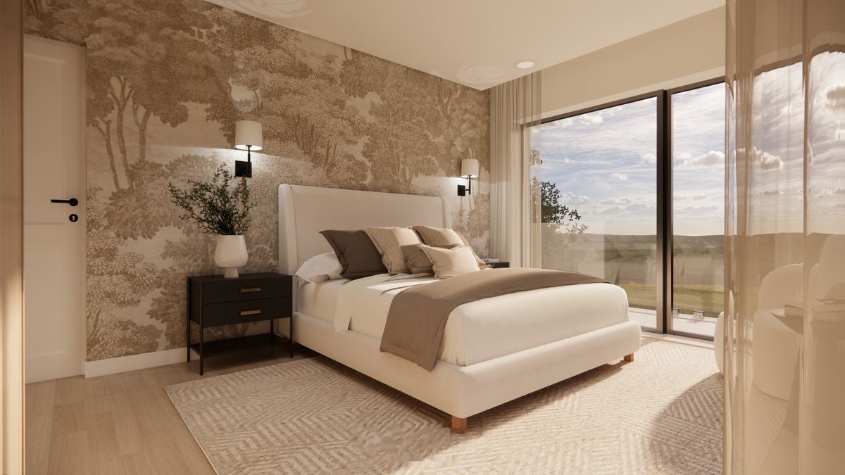 Imagem 3D de quarto com papel de parede botânico