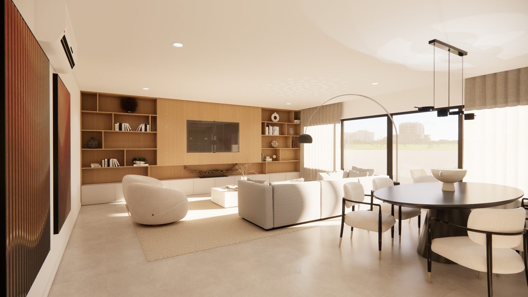 Imagem 3D da sala com o jantar e a parede de televisão