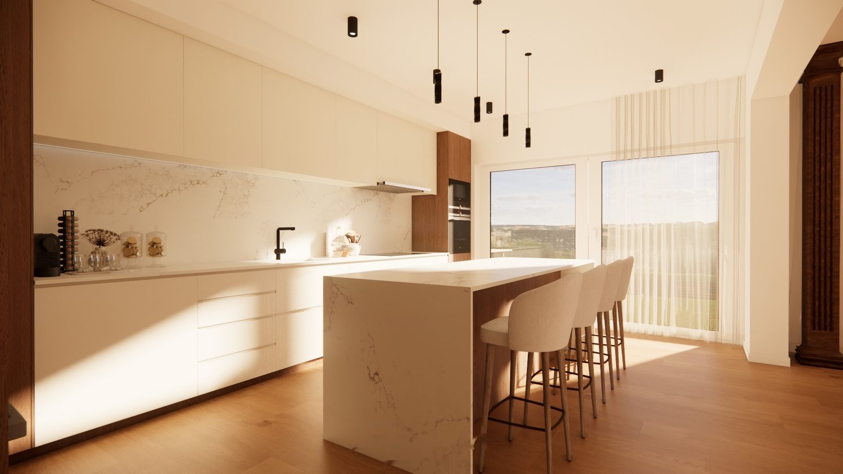 Imagem 3D da cozinha nova com ilha em pedra e bancos