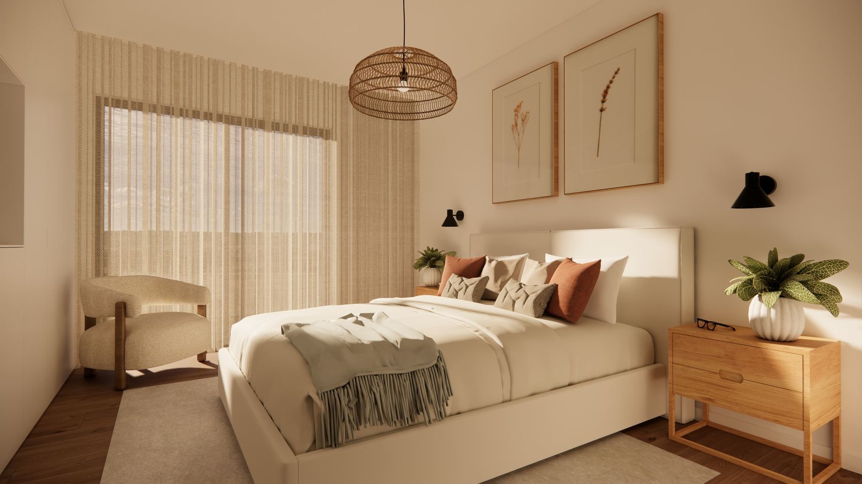 Imagem 3D do quarto com cabeceira estofada