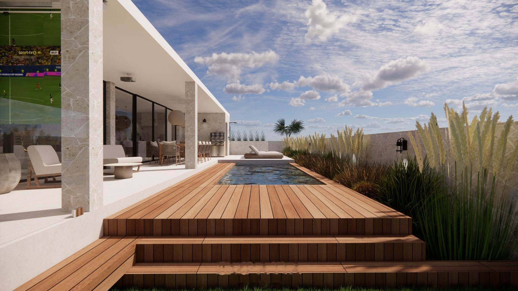 Imagem 3D do deck e da piscina vistos do jardim