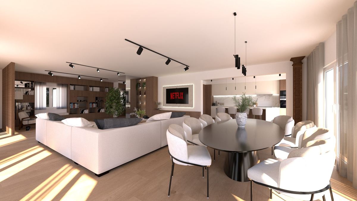 Sala e cozinha abertas depois da remodelação