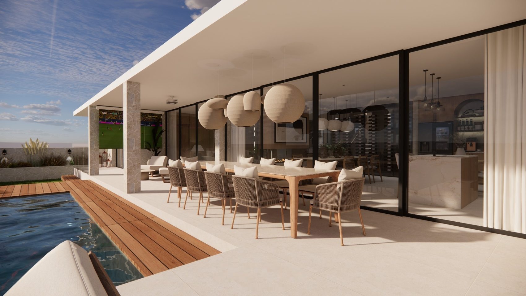Imagem 3D do terraço coberto com mesa longa junto à piscina