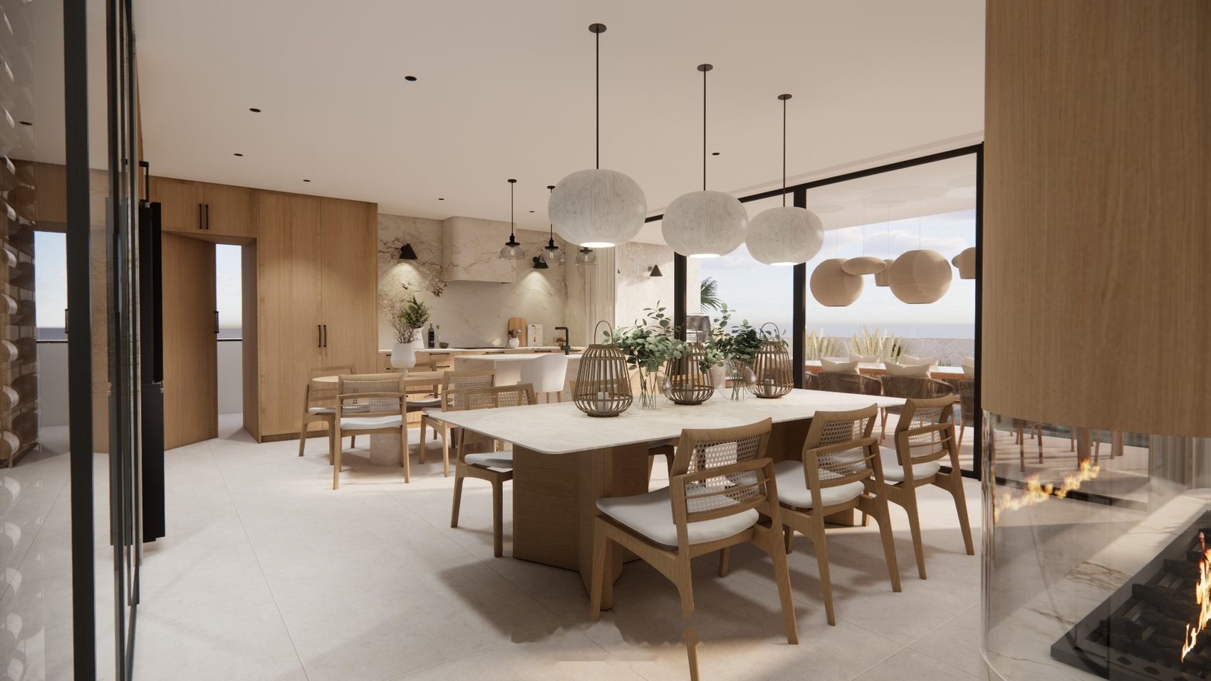 Imagem 3D do jantar com candeeiros globo e a cozinha ao fundo